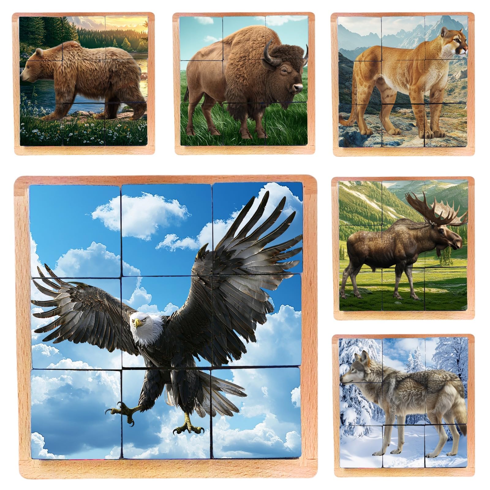 Montessori Castle Native Animals Puzzle top view shows six animal shapes for problem solving.