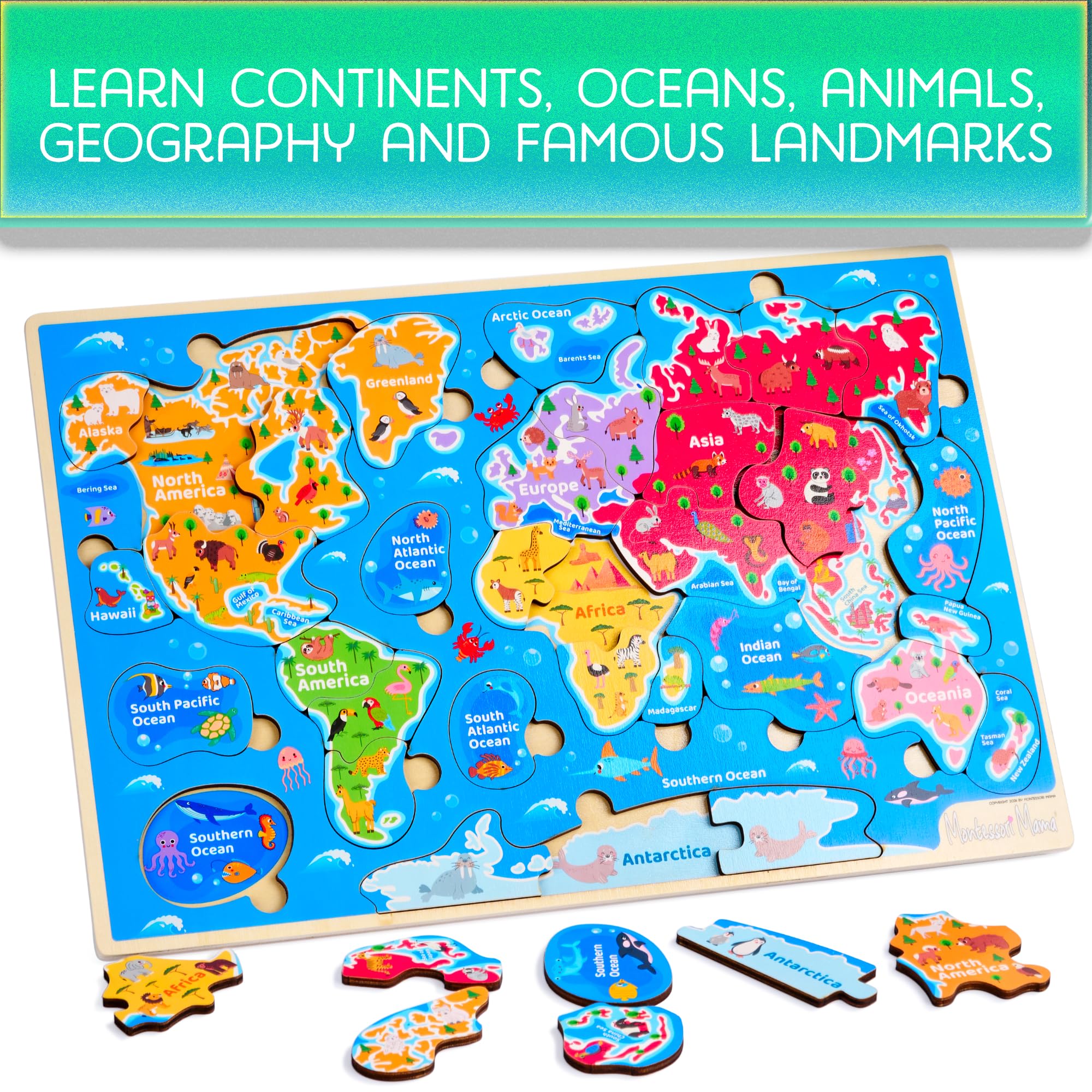 Montessori Mama colorful-wooden-pieces puzzle set encouraging fine motor and problem solving.