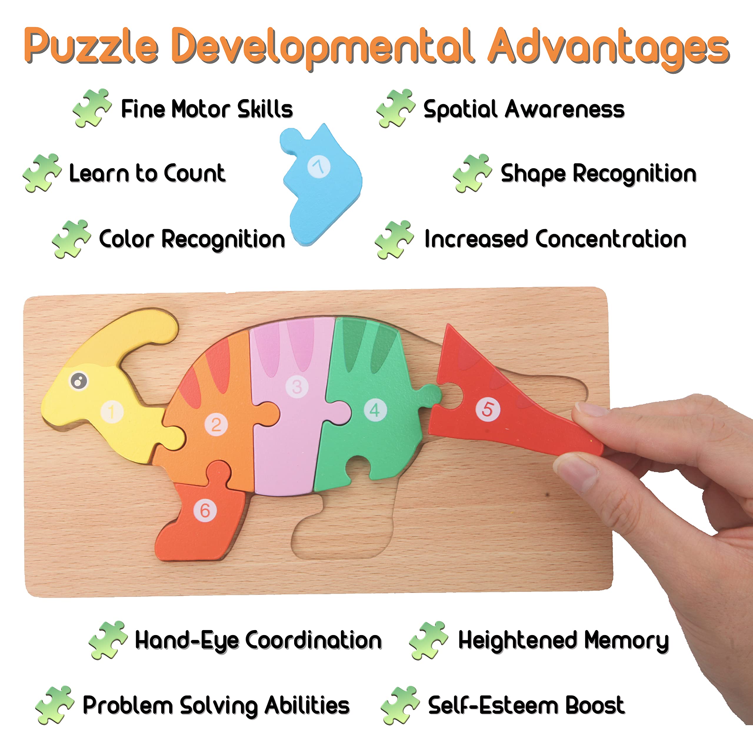 Montessori Mama dinosaur puzzles forest scene close-up highlights durable wood for toddlers.
