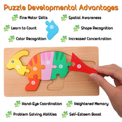 Montessori Mama dinosaur puzzles forest scene close-up highlights durable wood for toddlers.