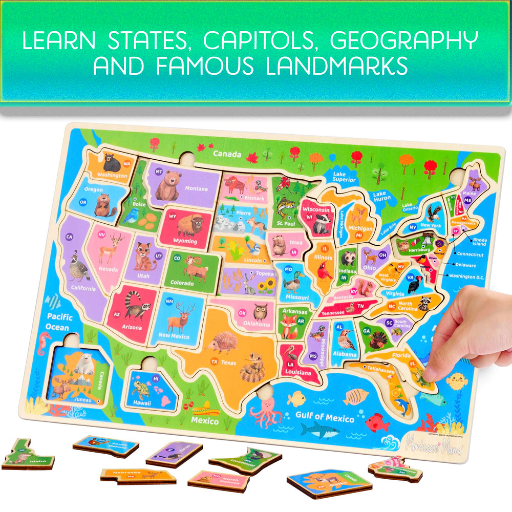 Montessori Mama USA Map Puzzle displays all 50 states and capitals for geography practice.