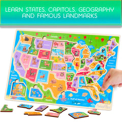 Montessori Mama USA Map Puzzle displays all 50 states and capitals for geography practice.