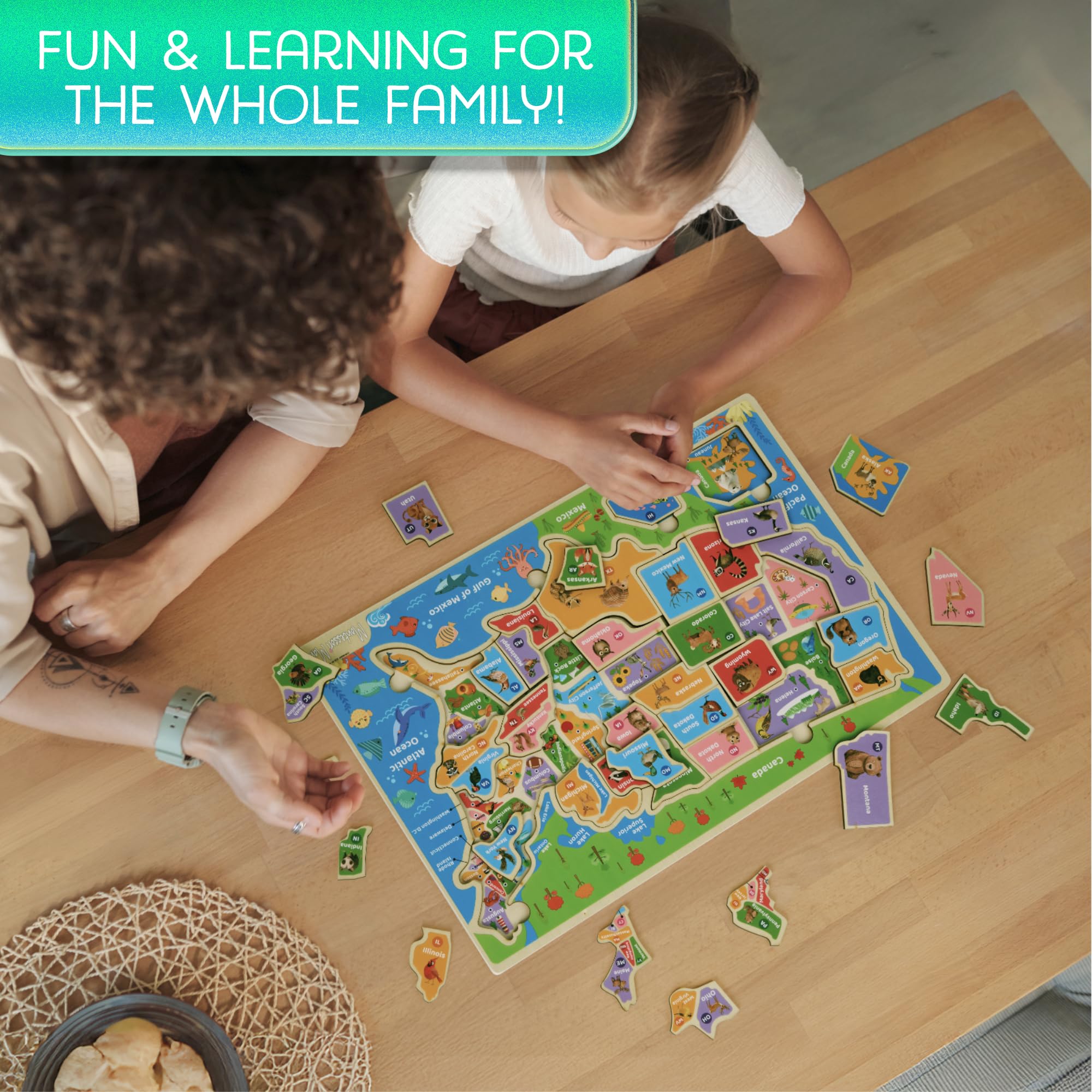 Montessori Mama USA Map Puzzle highlights capitals and landmarks for curious minds and memory building.