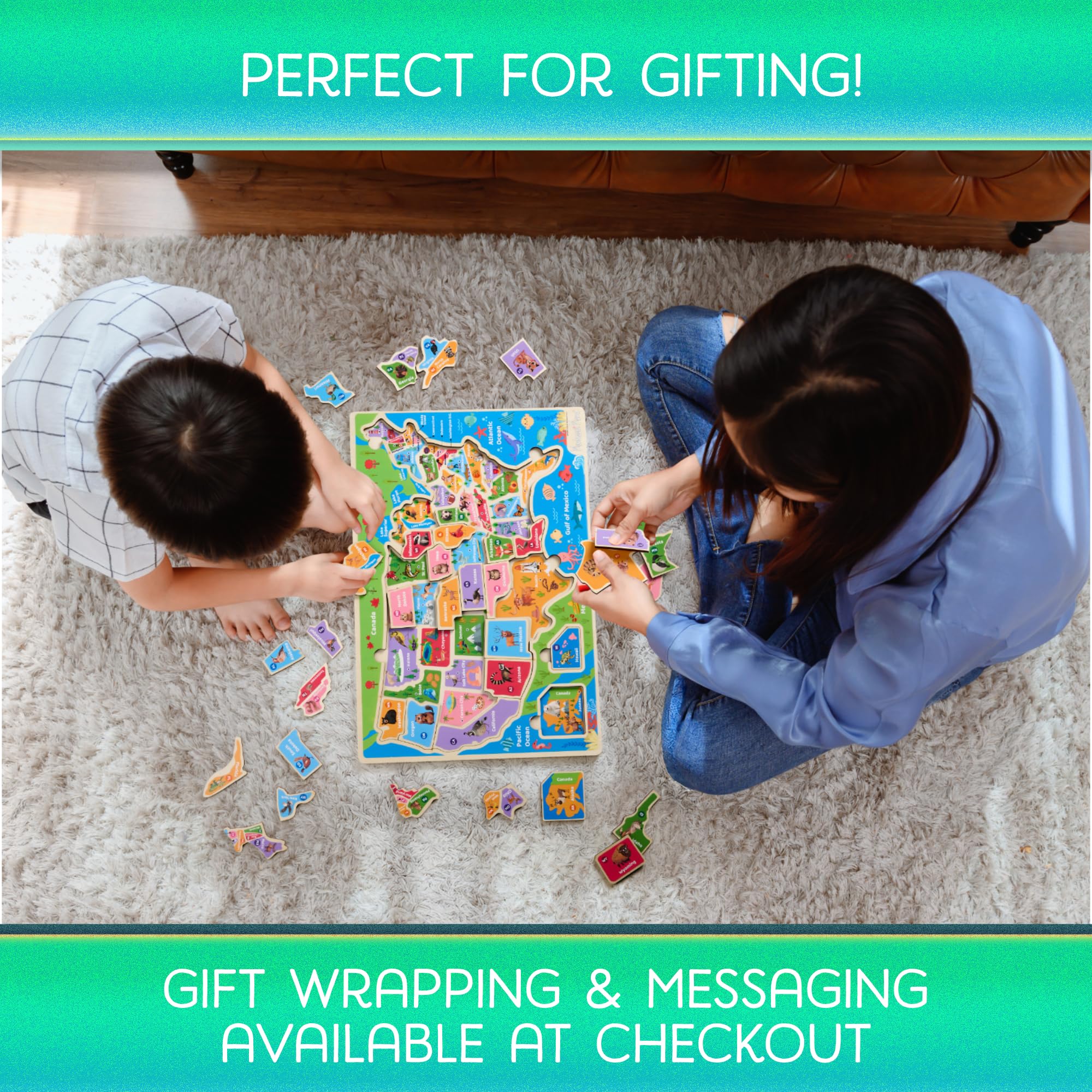 Montessori Mama USA Map Puzzle inspires independent play and exploration.