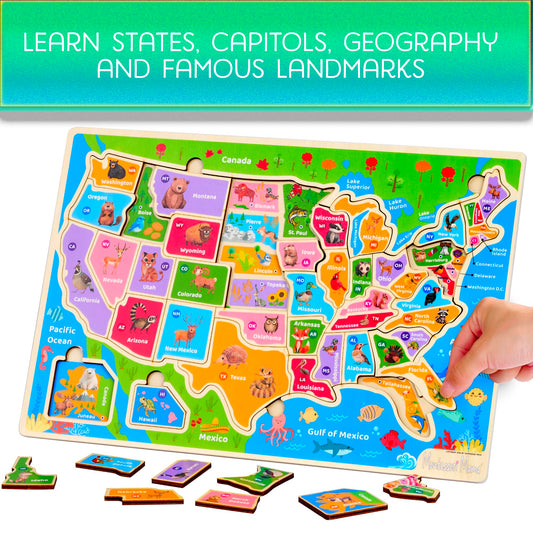 Montessori Mama usa-states-capitals-puzzle with bright pieces supporting mapping skills and memory.