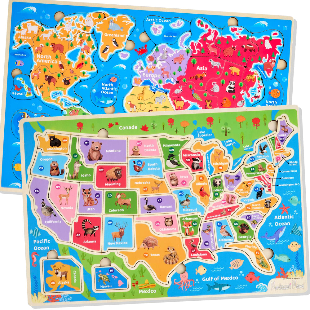 Montessori Mama world-continents-oceans puzzle for hands-on geography learning and visual recognition.