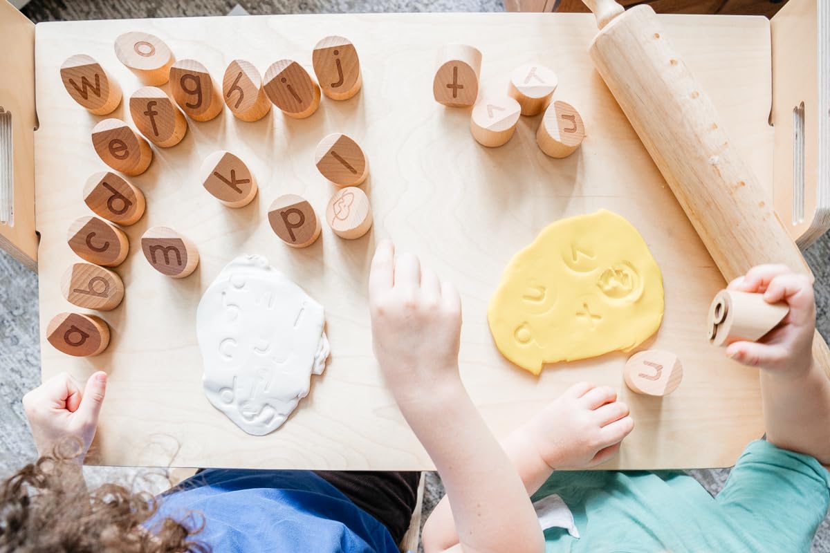 Montessori & Me Alphabet Stamps multisensory learning with texture, impressions, and sounds to engage kids.
