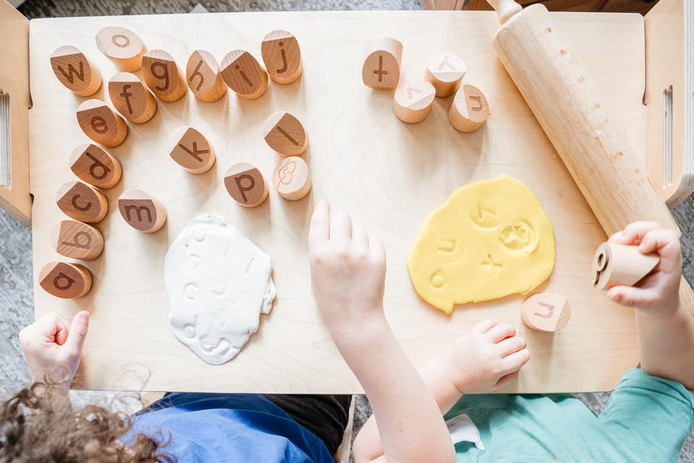Montessori & Me Alphabet Stamps multisensory learning with texture, impressions, and sounds to engage kids.