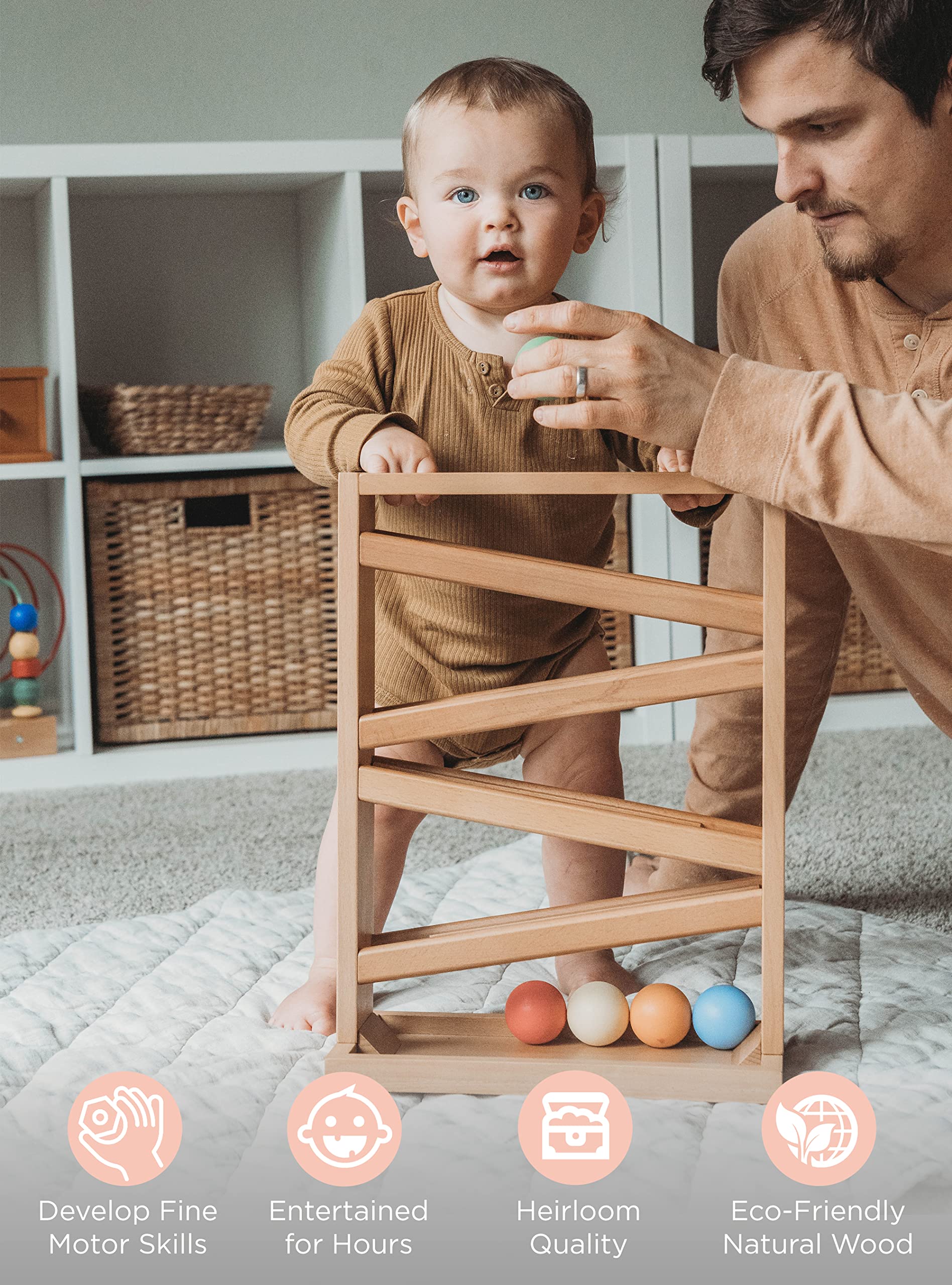 Montessori & Me ball tracker wide-base stability keeps the toy upright during play