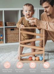 Montessori & Me ball tracker wide-base stability keeps the toy upright during play