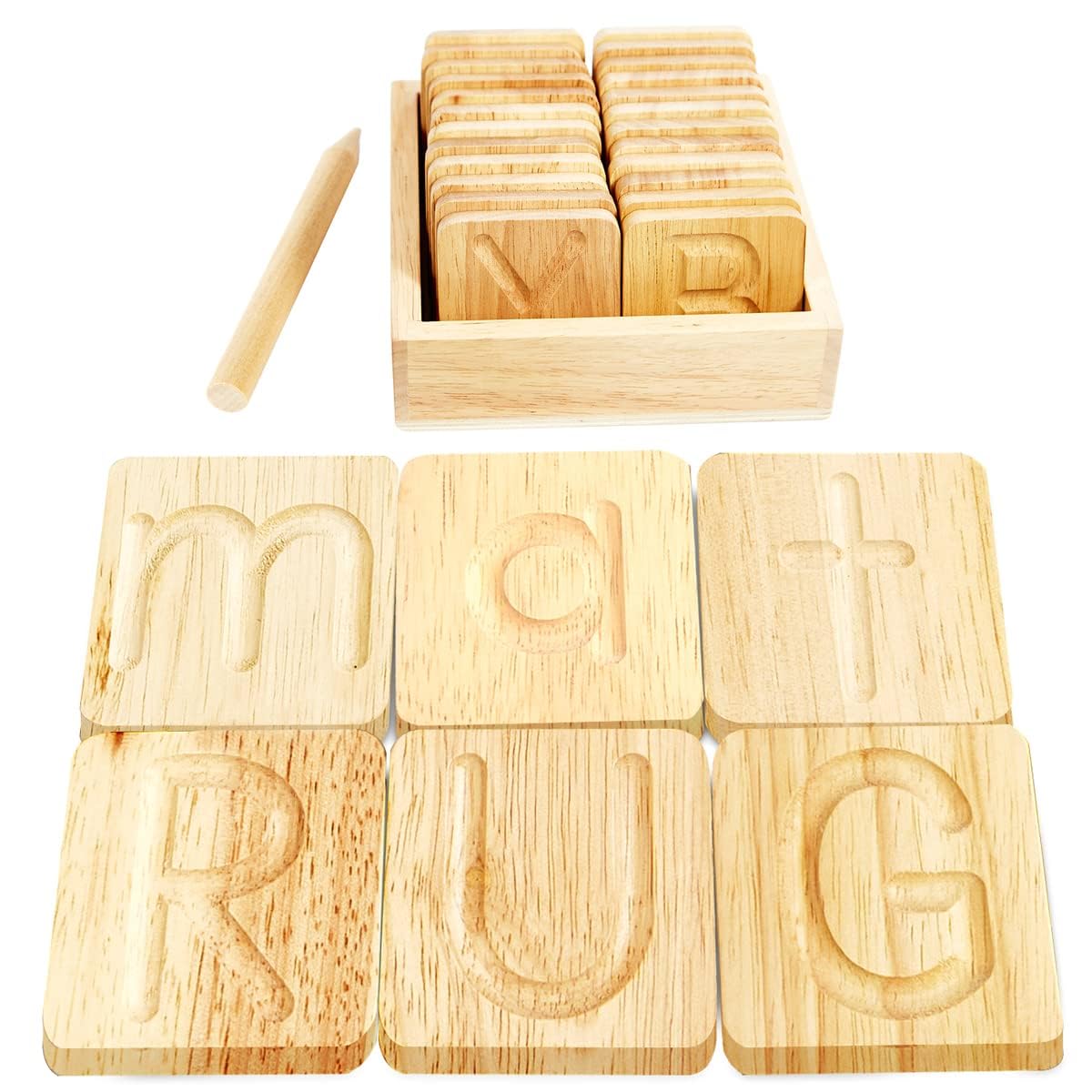 Montessori & Me wooden alphabet tracing board front view supports letter formation practice