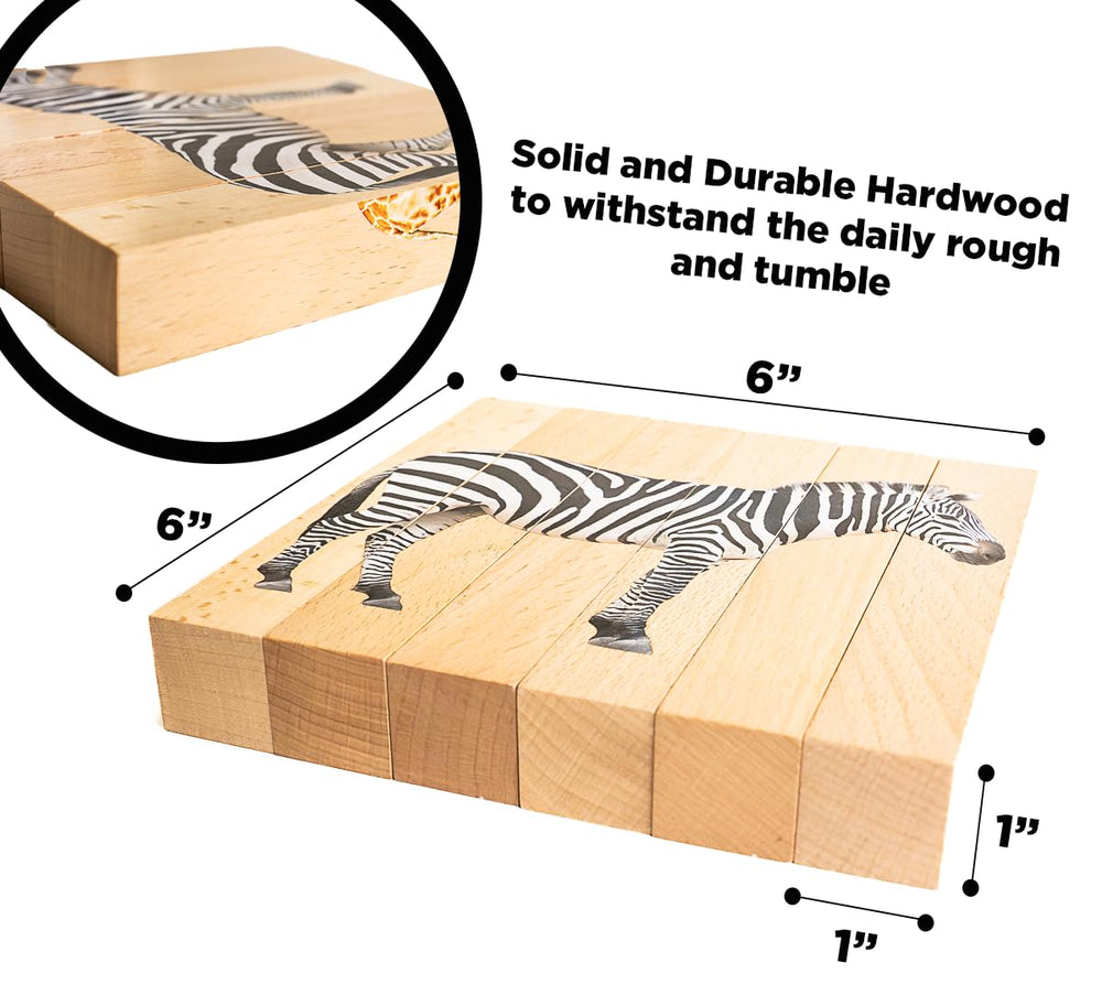 Montessori & Me wooden puzzle blocks safari image supports problem solving.