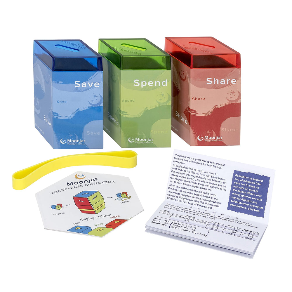 Color-coded lids on Moonjar clearly identify Save, Spend, and Share sections.