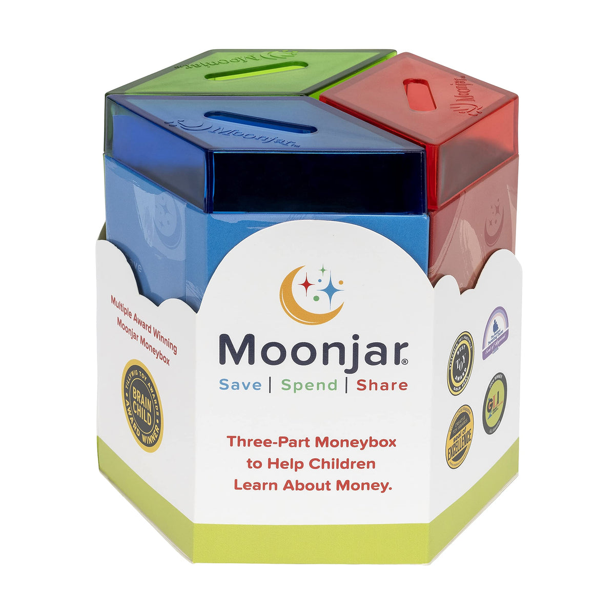 Moonjar Classic Save Spend Share tin bank shown together for easy money management.
