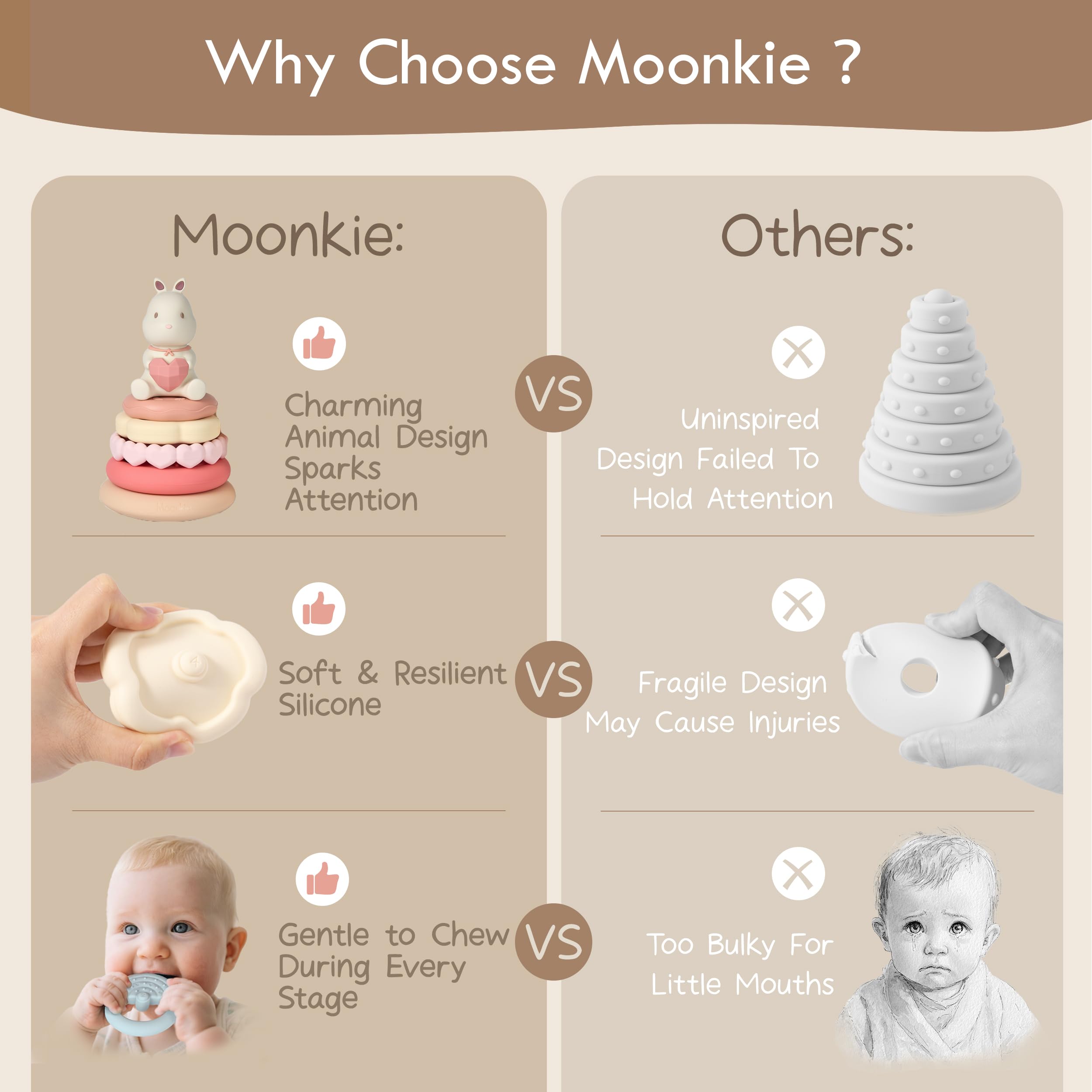 Moonkie Bunny dishwasher- and boil-safe rings simplify cleaning after play.