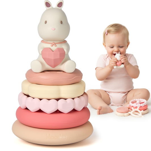 Moonkie Bunny stack-teether with dinosaur top for safe chewing and sensory exploration.