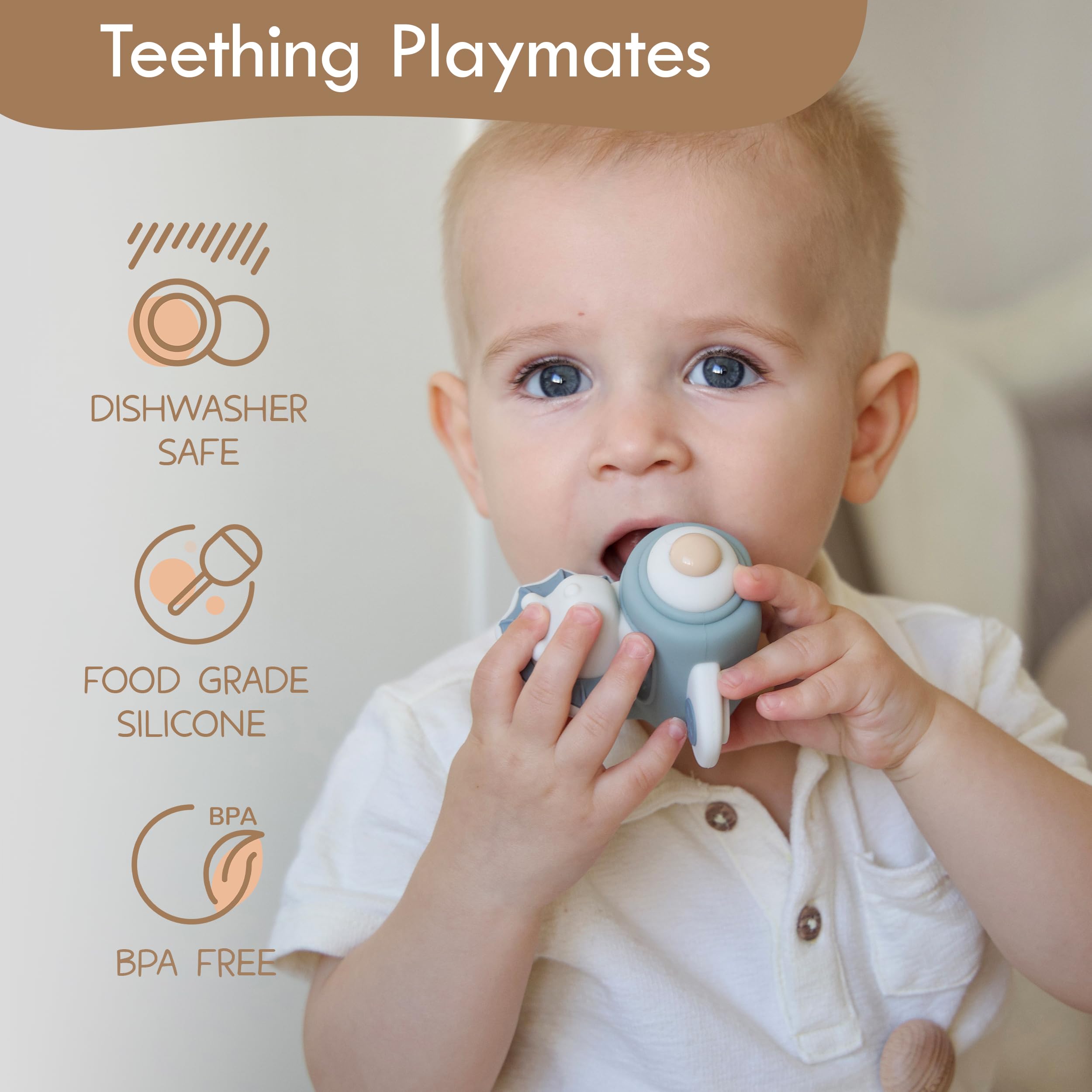 Moonkie silicone rings provide safe teething texture for early grip practice.