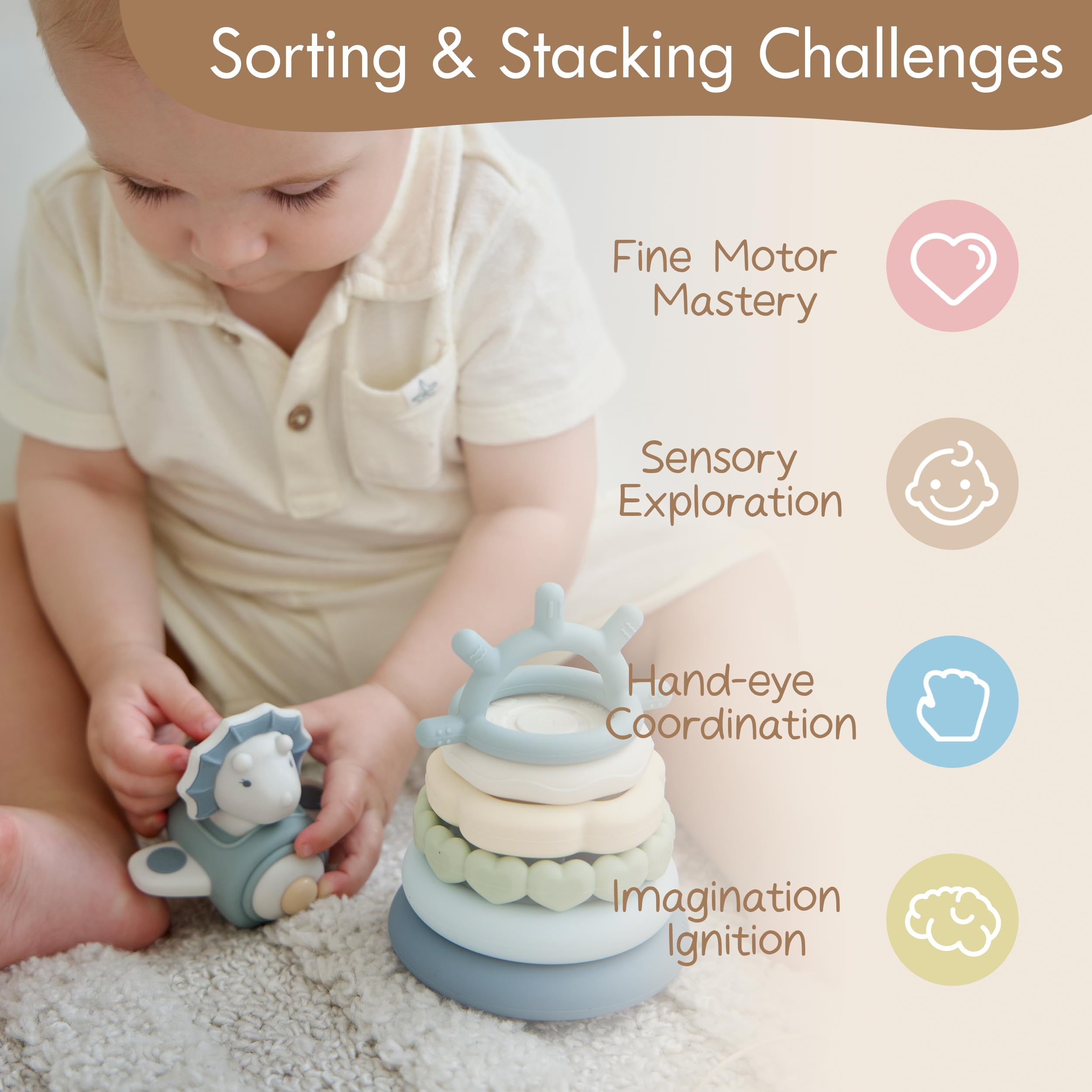 Moonkie stacking rings arranged in pastel colors for open-ended learning.