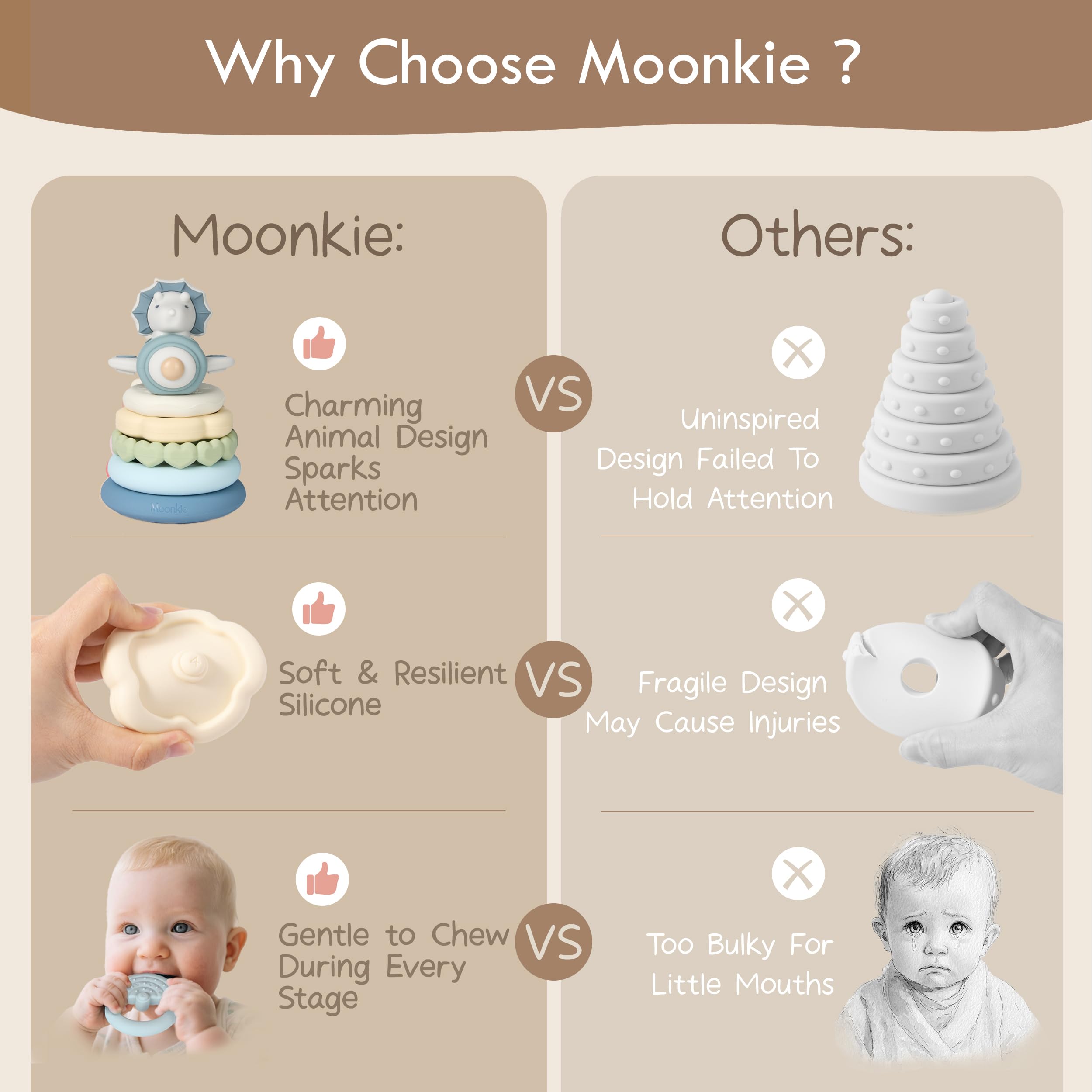 Moonkie stack fits in diaper bags for on-the-go fun.
