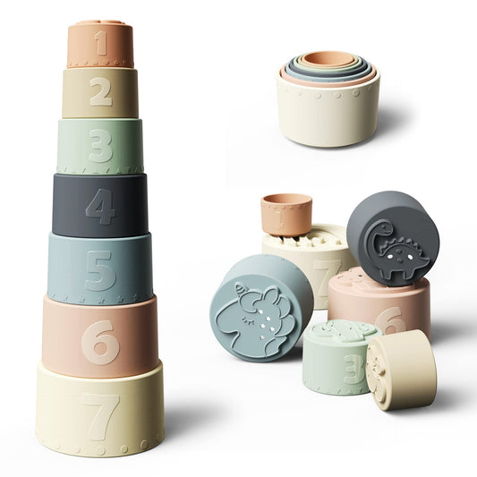 Moonkie stacking cups with pattern top design enhances tactile exploration for babies