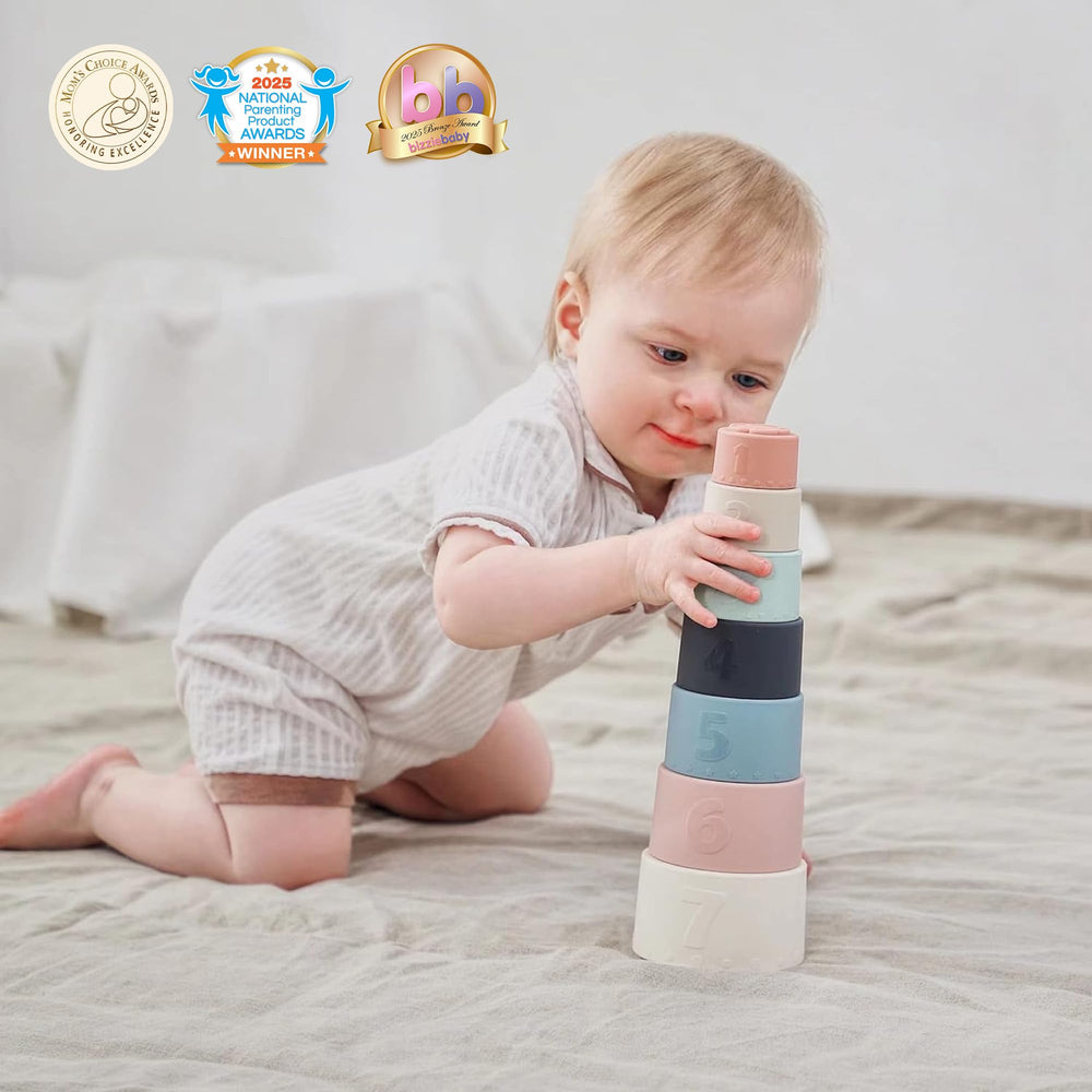 Moonkie cups feature textured surfaces for safe mouthing and sensory exploration