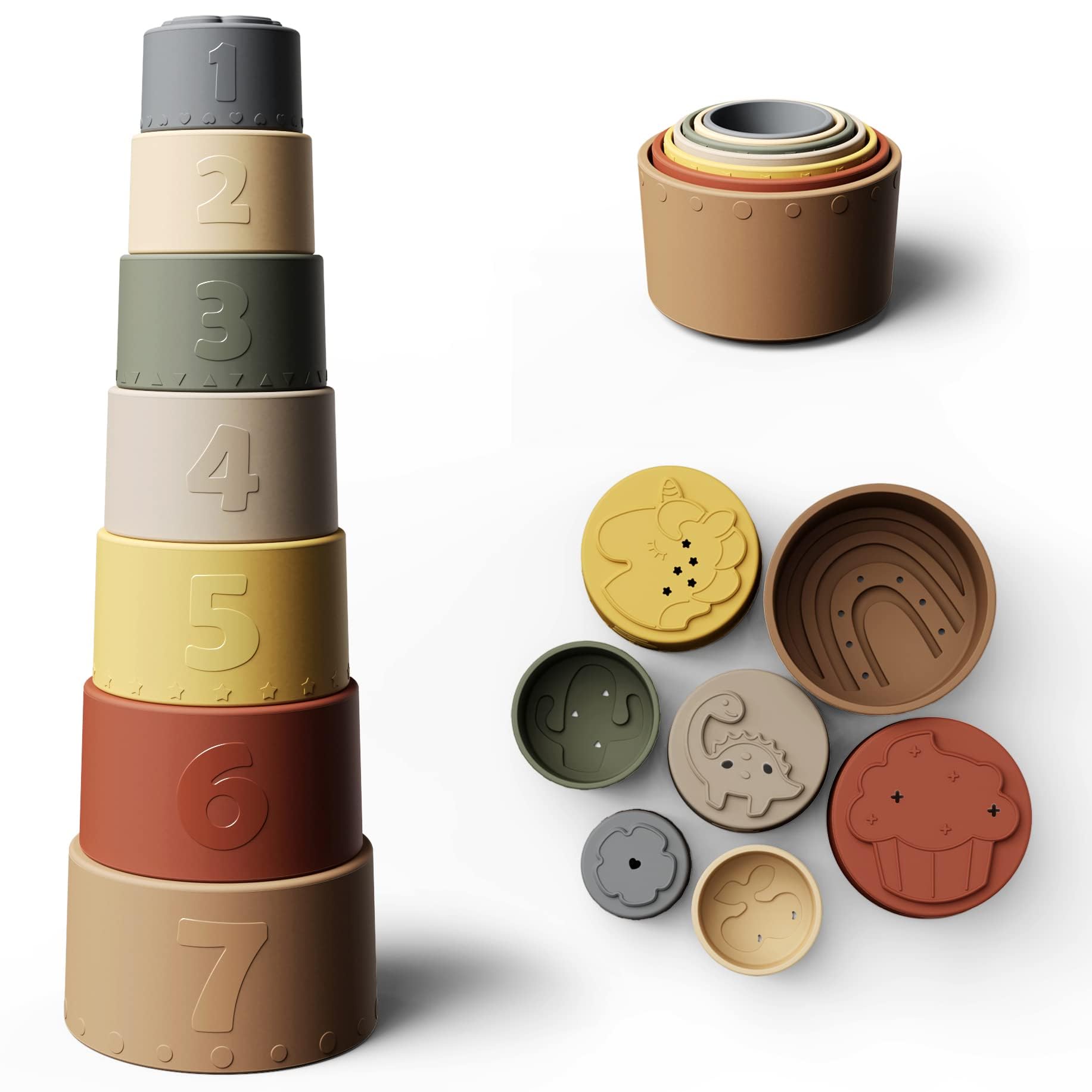 Moonkie stacking cups with top patterns for tactile exploration and early learning.
