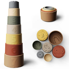 Moonkie stacking cups with top patterns for tactile exploration and early learning.