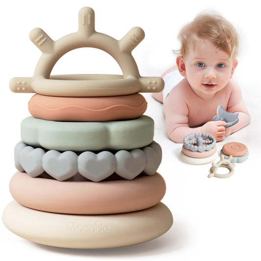 Moonkie Stacks of Circles set 1: soft silicone rings for safe teething and stacking.