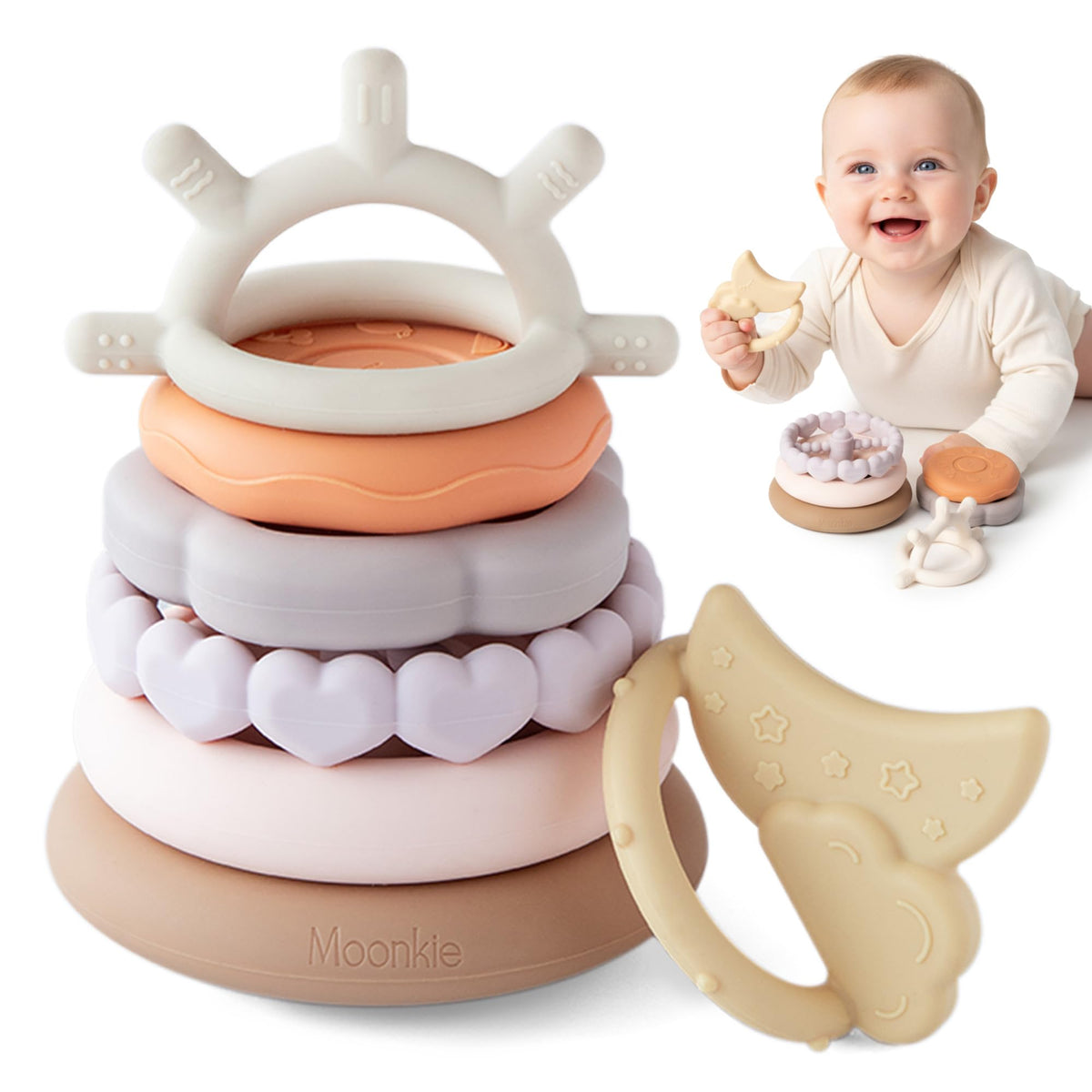 Moonkie Stacks of Circles soft teether close-up for safe chewing and sensory exploration.