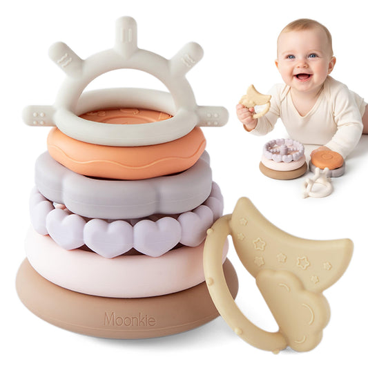 Moonkie Stacks of Circles soft teether close-up for safe chewing and sensory exploration.