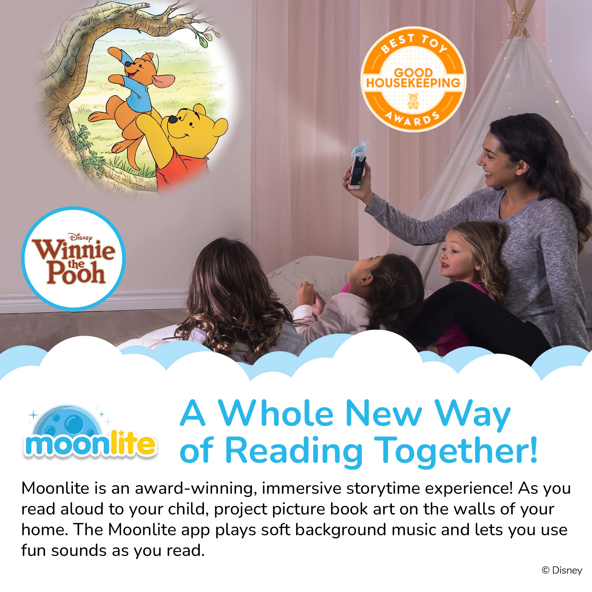 Moonlite app interface enables quick setup for interactive Pooh stories.