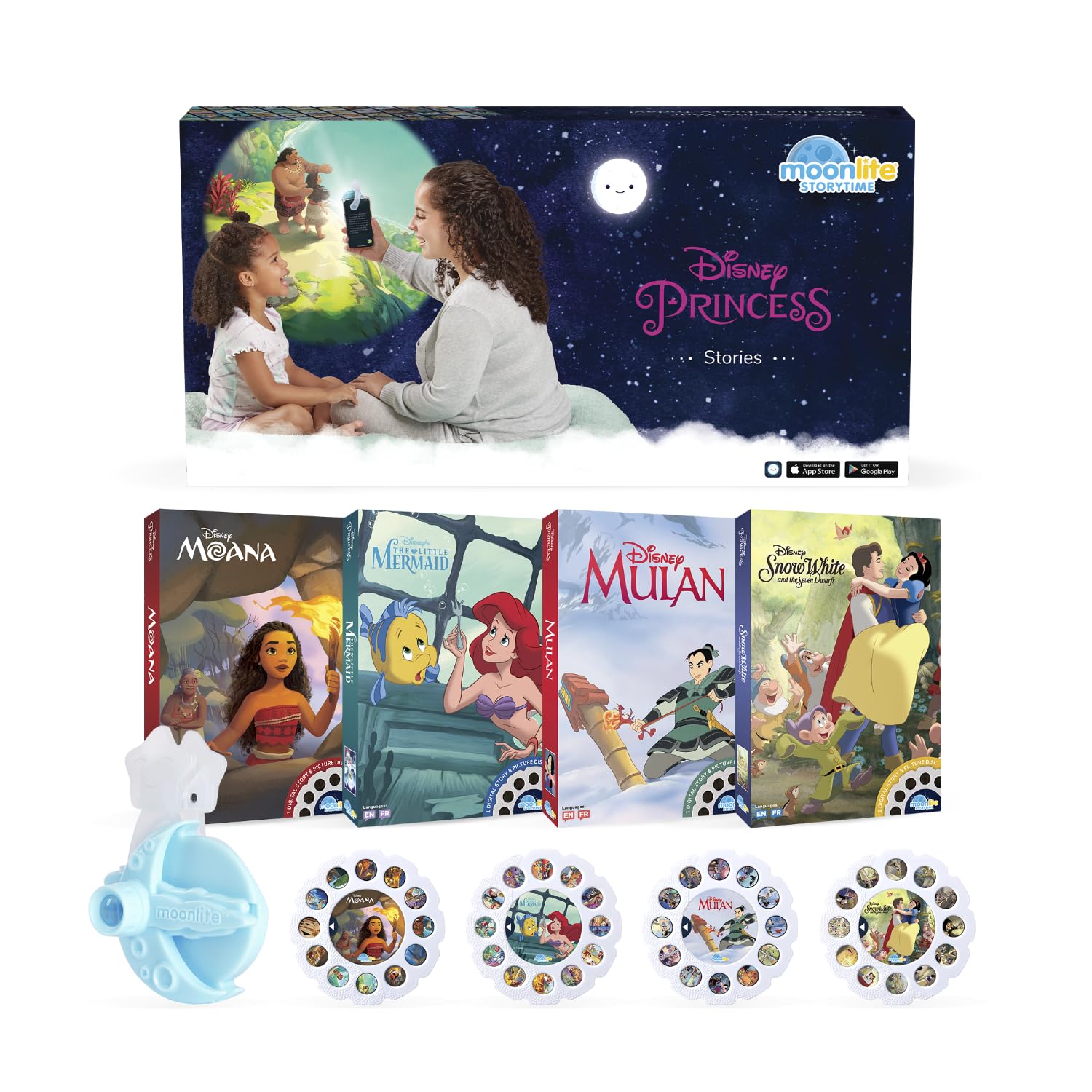 Moonlite Mini Projector projects Disney Princess stories on the wall for cozy family bedtimes.