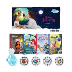 Moonlite Mini Projector projects Disney Princess stories on the wall for cozy family bedtimes.