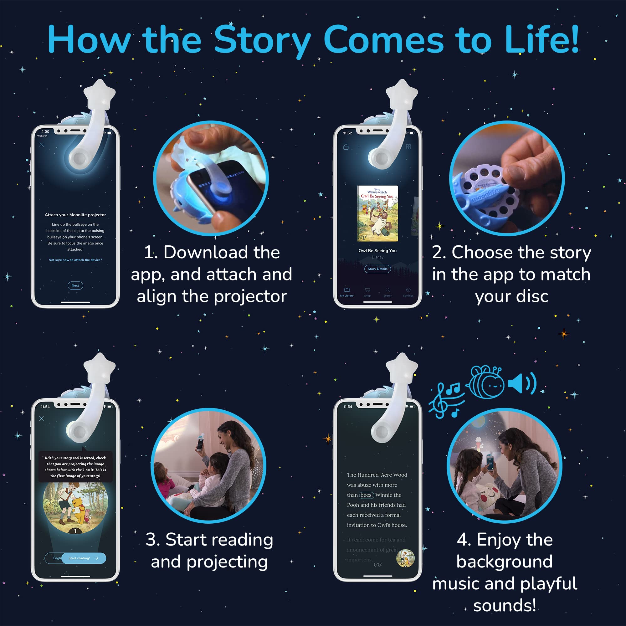 Moonlite Mini Projector brings four princess titles to life on walls.