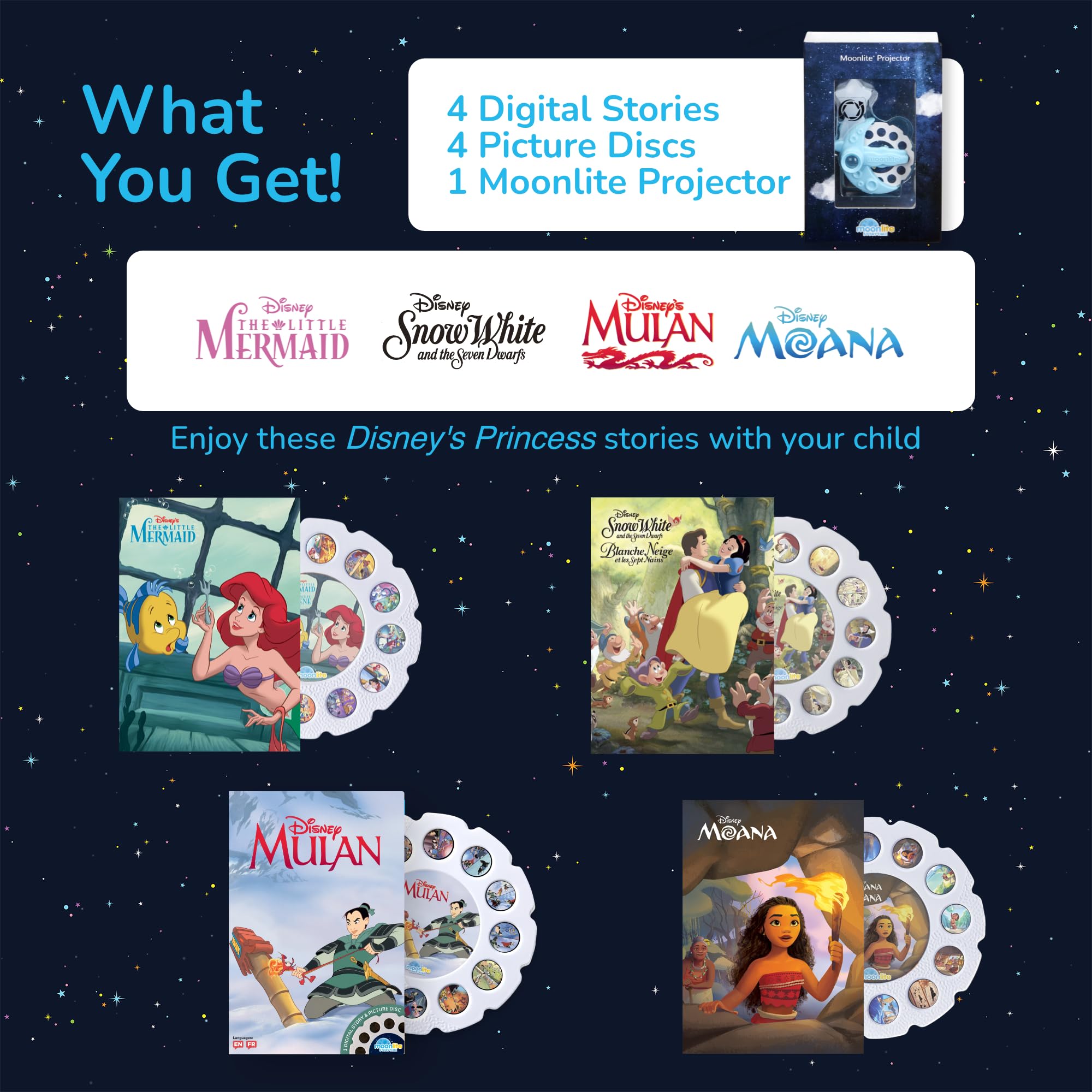Moonlite Mini Projector with music and sparkling sounds enhances engagement.