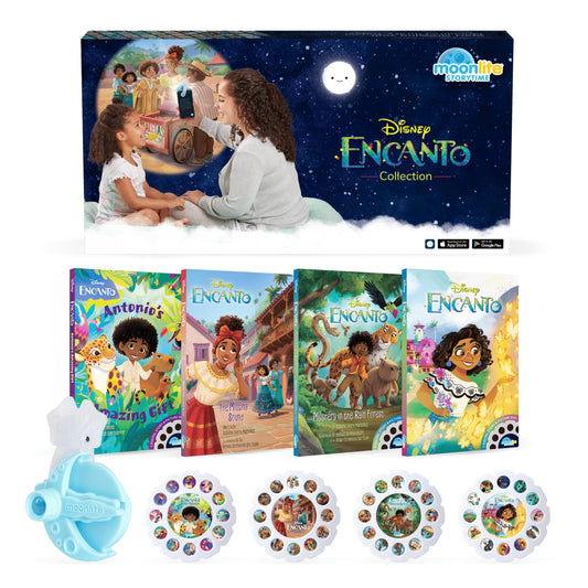 Moonlite Storytime Encanto projector in use for shared bedtime storytelling.