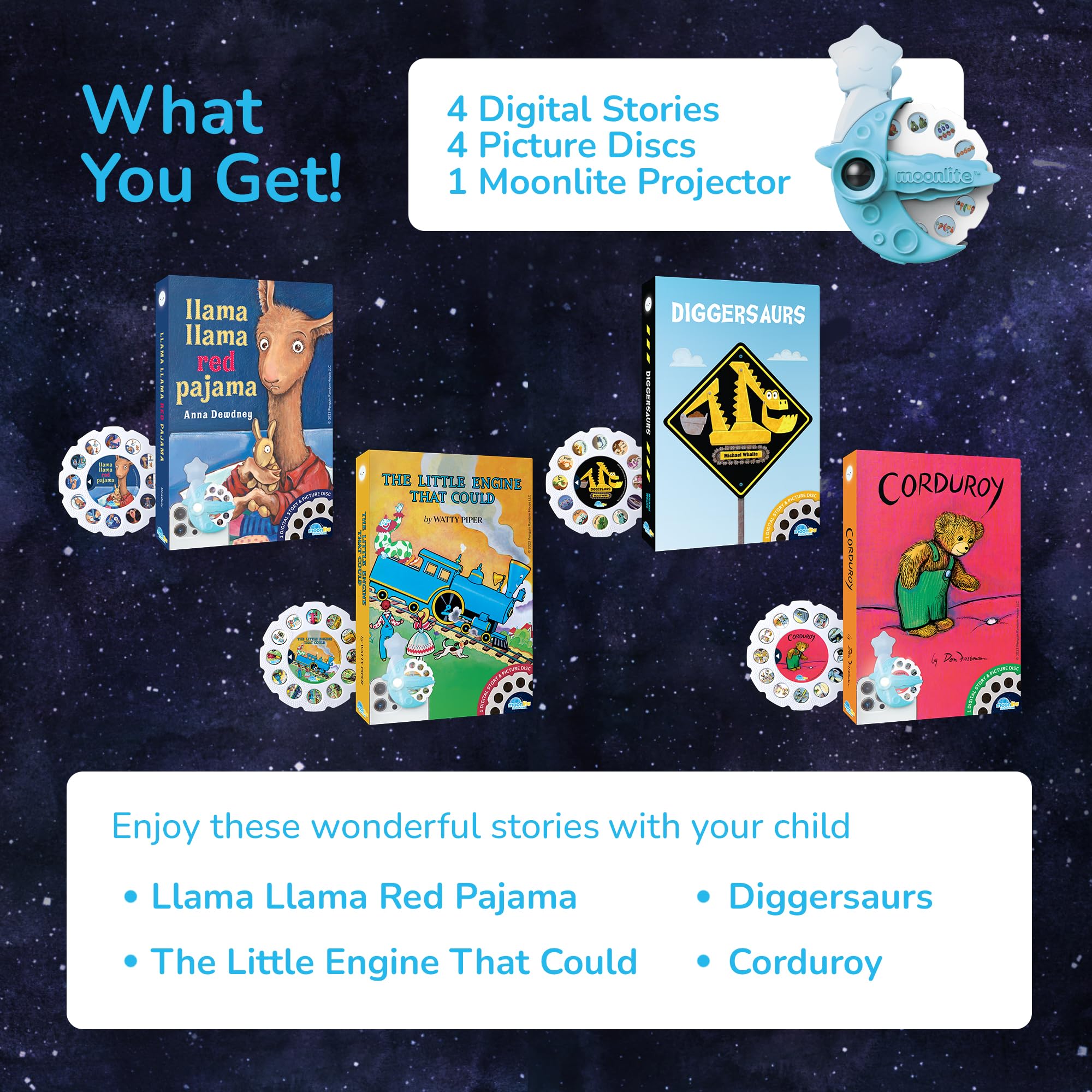 Moonlite Storytime Mini child listening at bedtime with projection visuals