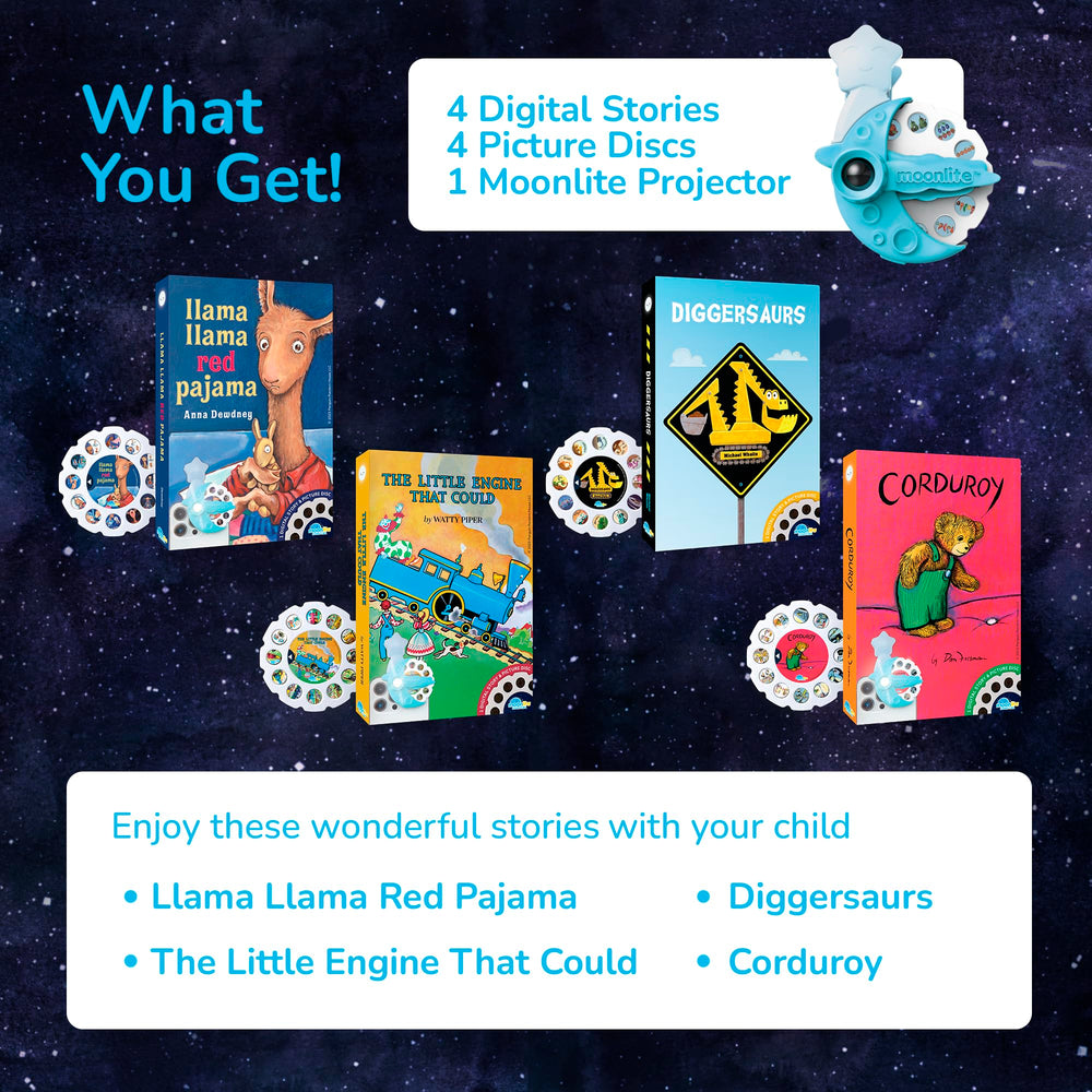 Moonlite Storytime Mini child listening at bedtime with projection visuals