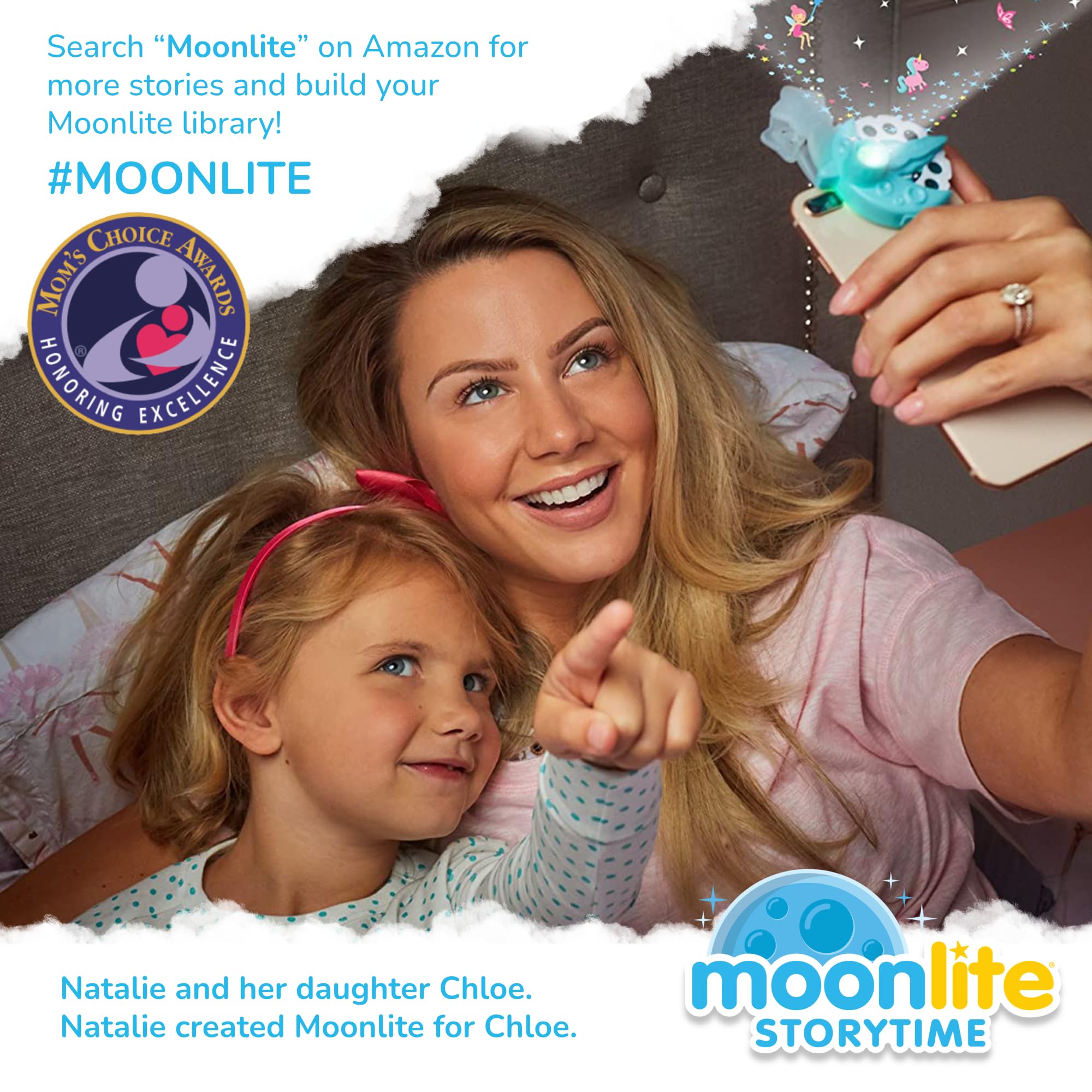 Moonlite Storytime Mini digital library UI with growing story collection