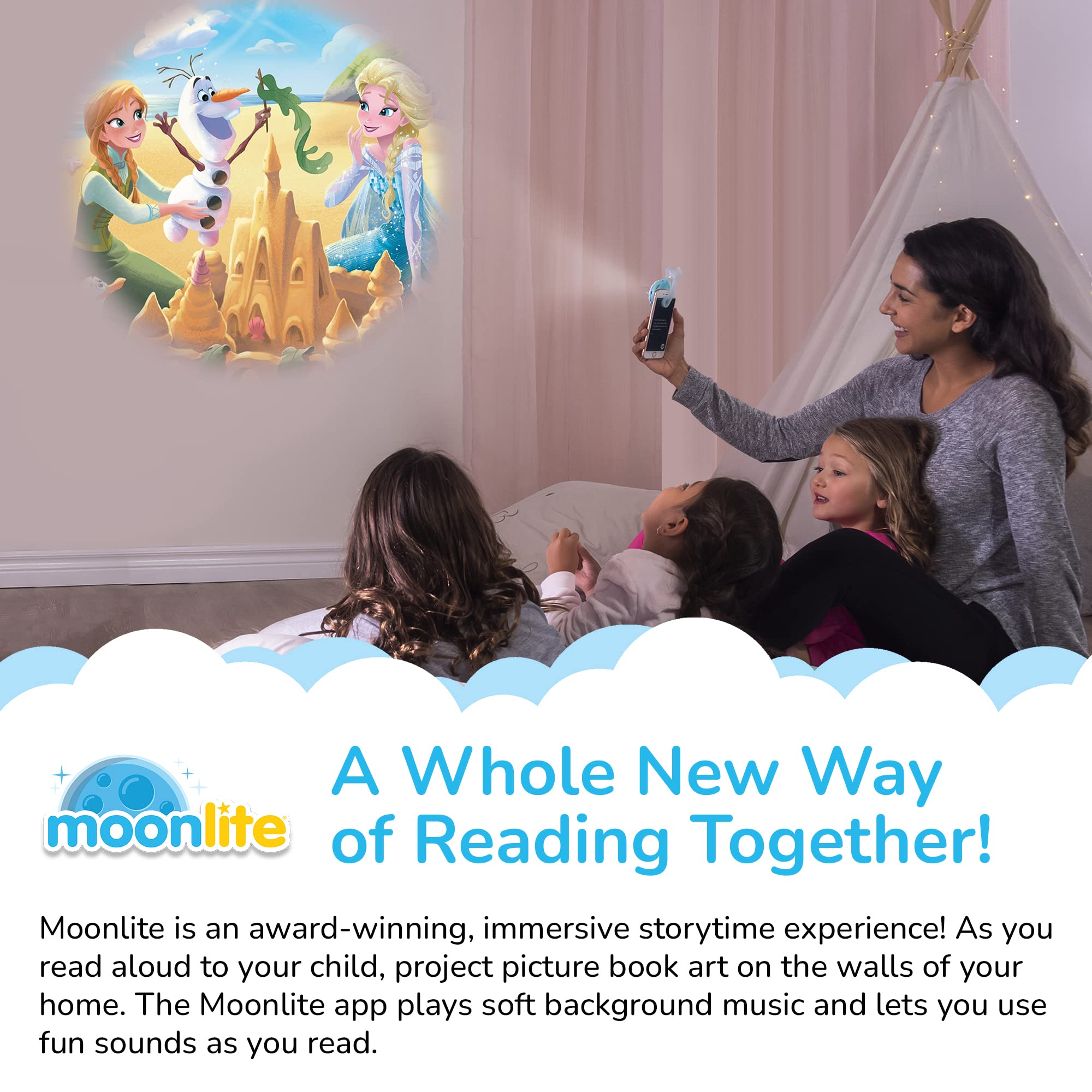 Moonlite Storytime Mini Projector app connection enables interactive storytelling.