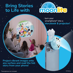 Moonlite Storytime Mini Projector attached to smartphone flashlight demonstrates easy setup