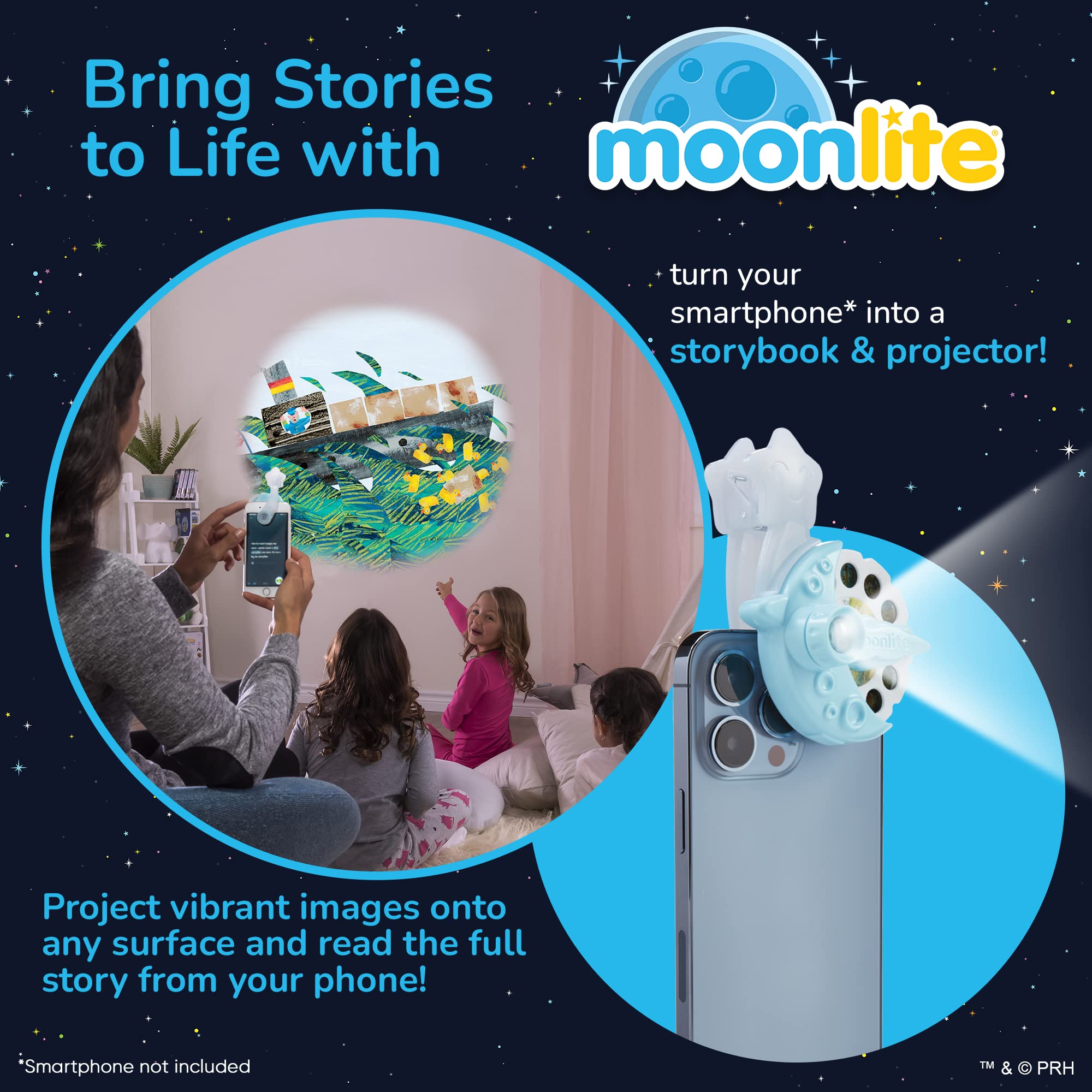 Moonlite Storytime Mini Projector attached to a smartphone enables interactive reading