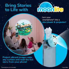 Moonlite Storytime Mini Projector attached to a smartphone enables interactive reading