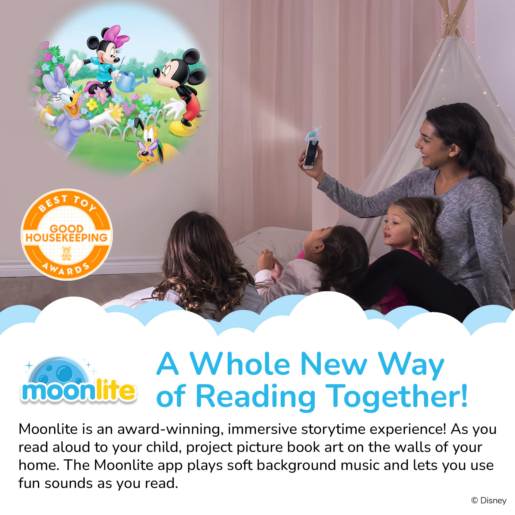 Moonlite Storytime Mini Projector displays digital stories to engage listeners