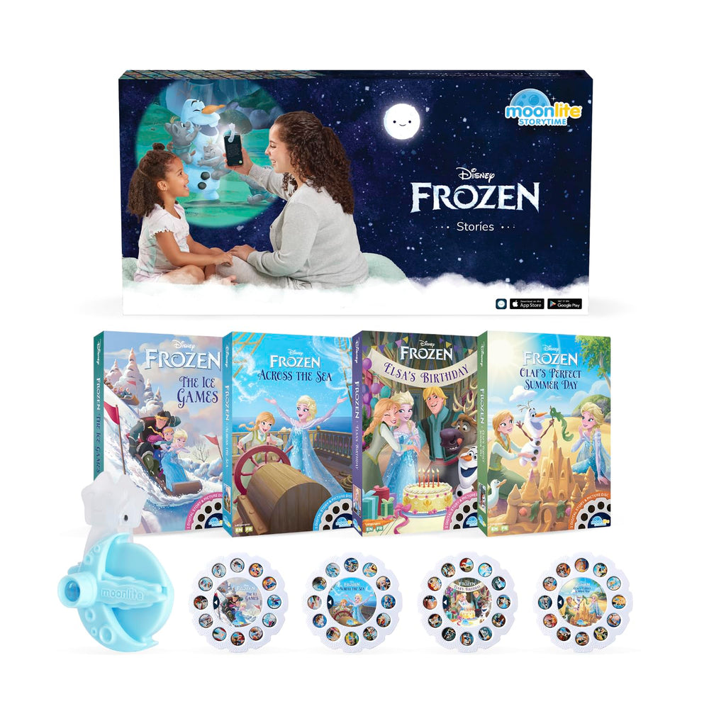 Moonlite Storytime Mini Projector Frozen setup for cozy bedtime.