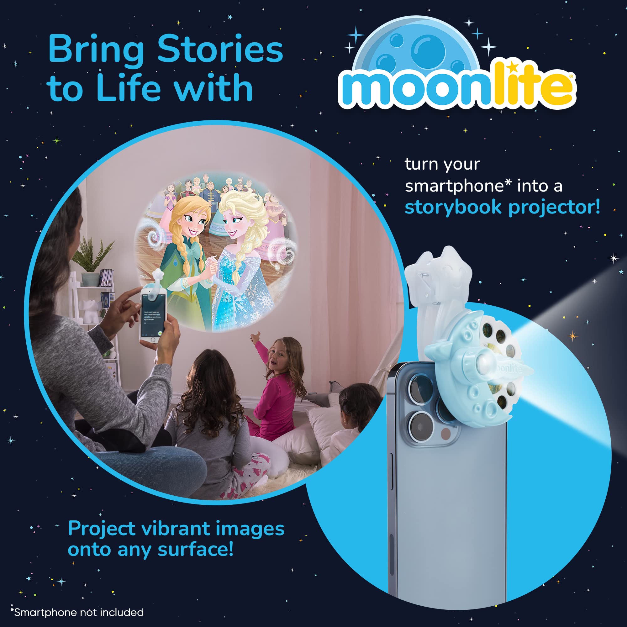 Moonlite Storytime Mini Projector displays Frozen imagery on the wall for shared moments.