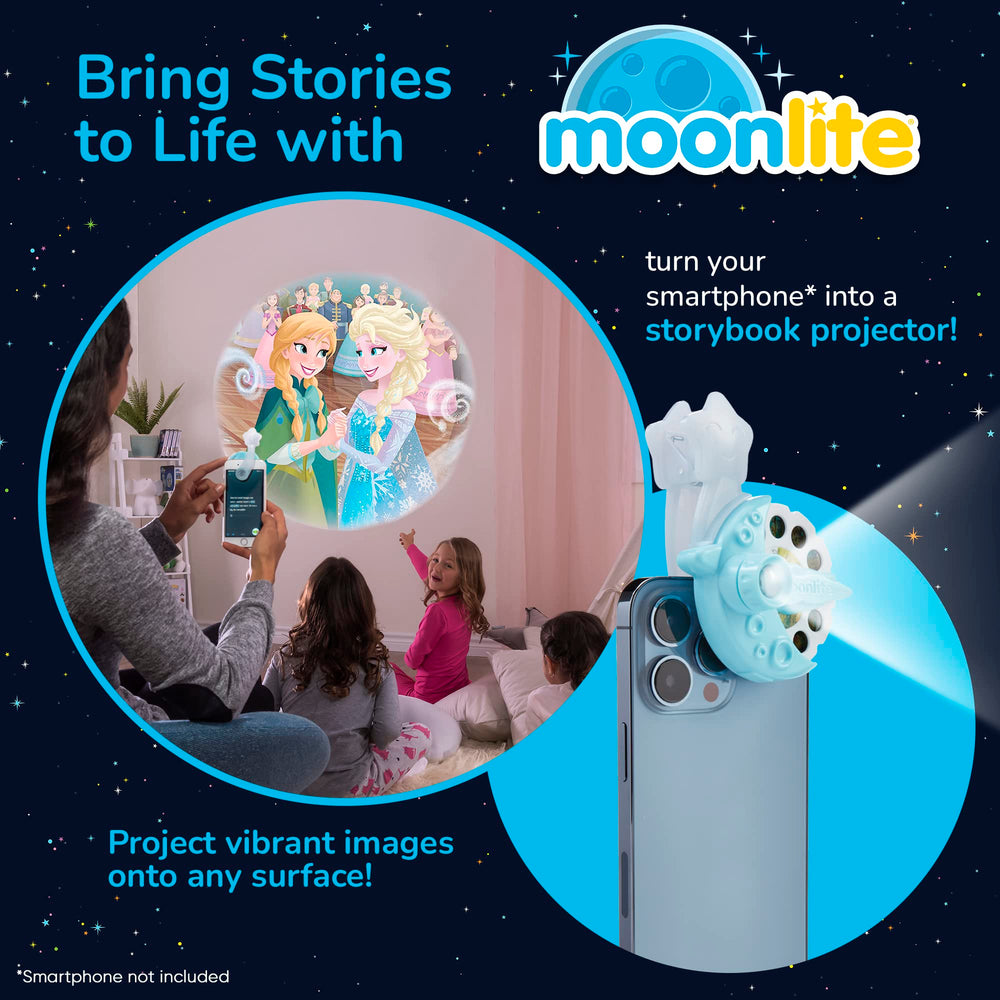 Moonlite Storytime Mini Projector displays Frozen imagery on the wall for shared moments.
