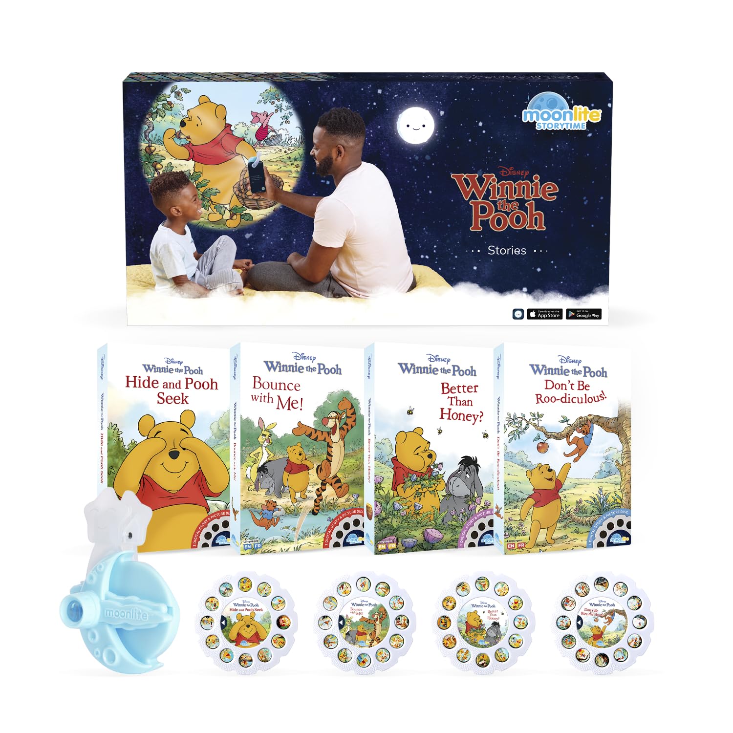 Moonlite Storytime Mini Projector displays Pooh stories for cozy bedtimes.