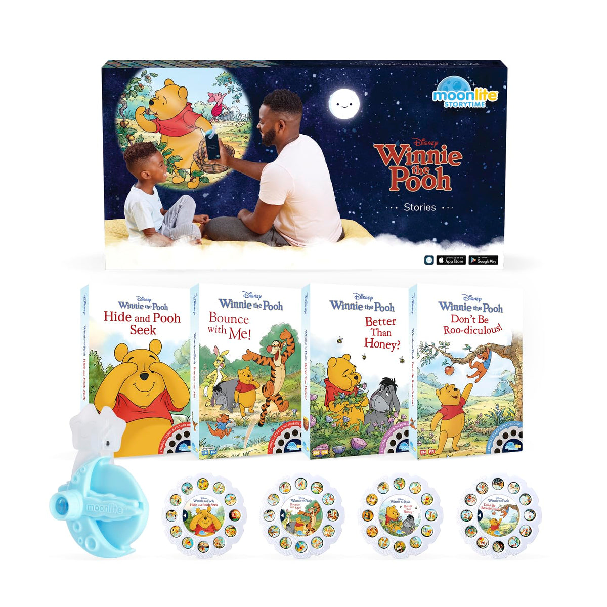 Moonlite Storytime Mini Projector displays Pooh stories for cozy bedtimes.