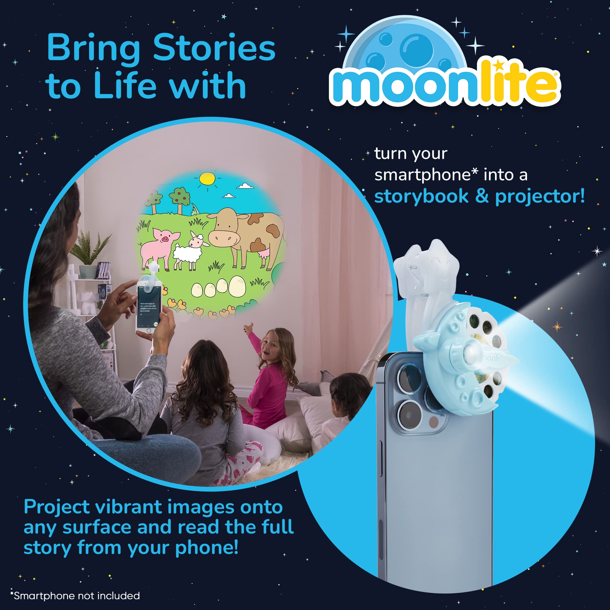 Moonlite Storytime Mini Projector shows Rapunzel visuals to spark imagination during storytime.